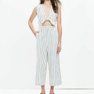 everly Tie-Front Culotte Jumpsuit in Ikat Stripe white blue sz small linen